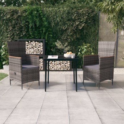 Juego de comedor de jardín 3 piezas con cojines gris