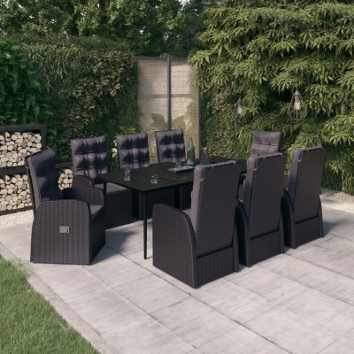 Juego de comedor de jardín 9 piezas con cojines negro