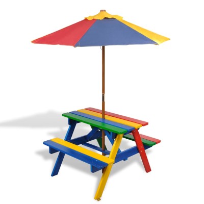 Mesa de picnic y bancos de niños y sombrilla madera multicolor