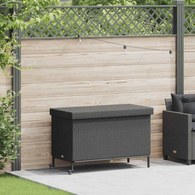 Caja almacenaje jardín ruedas ratán sintético negro 110x55x73cm