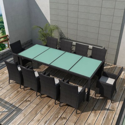 Set comedor de jardín 11 piezas y cojines ratán sintético negro