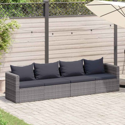 Set de sofás de jardín 4 piezas y cojines ratán sintético gris