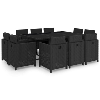 Set comedor de jardín 11 piezas y cojines ratán sintético negro